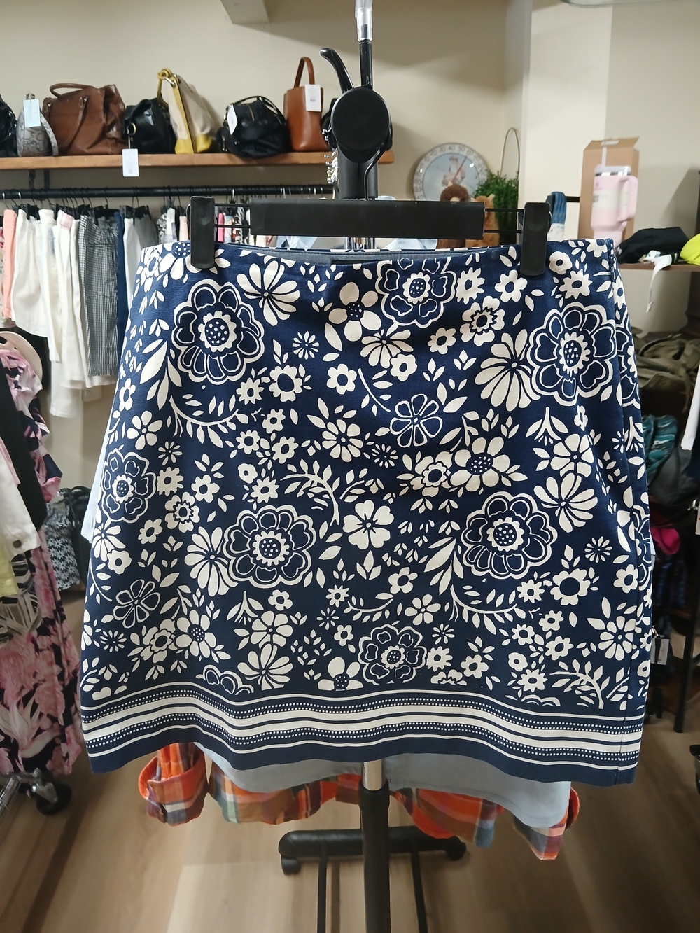 Talbots Navy and White Floral Border A-Line Skirt